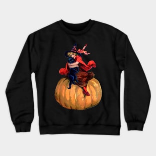 vintage halloween witch and black cat on pumpkin Crewneck Sweatshirt